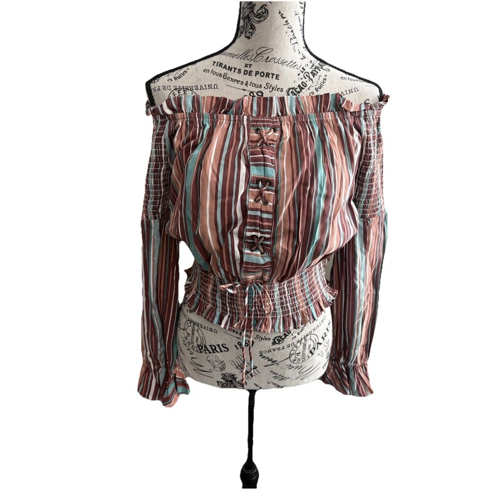 Rock And Roll Cowgirl Large Off Shoulder Laced Front Top Coachella Festival Boho